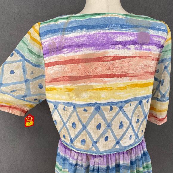 Vtg 80s 90s Two Potato Artsy A Line Midi Dress Womens M Sheer NOS Coastal Pastel - Picture 6 of 16